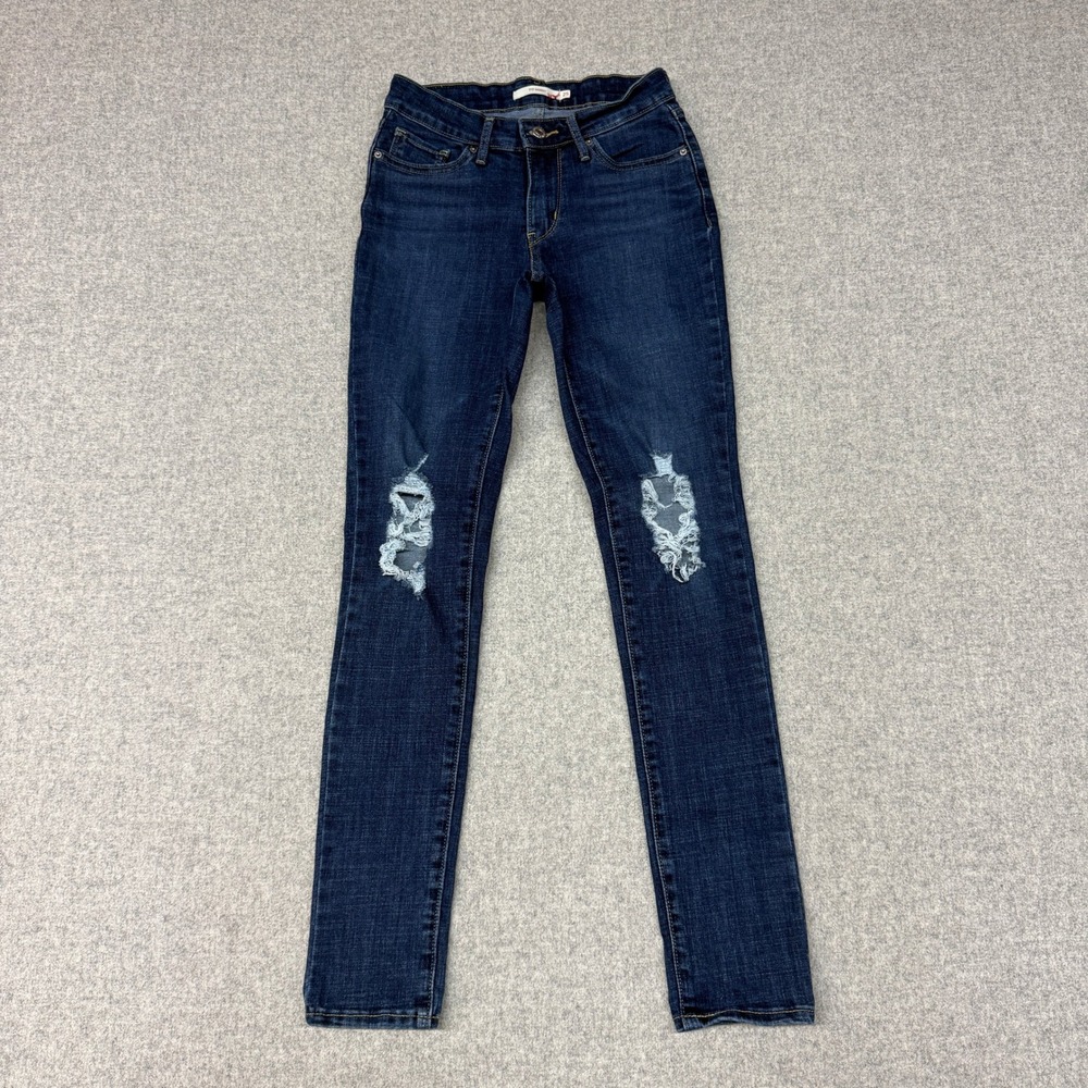 Levi's 711 Skinny Jeans Size 25 Dark Blue Distressed Ripped Knee Denim Mid Rise